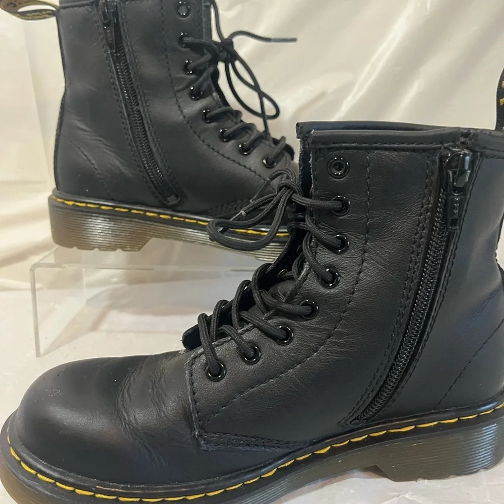 Dr. Martens Junior 1460 Softy T Black Leather Lace-Up Side Zip Boots Kids Size 2